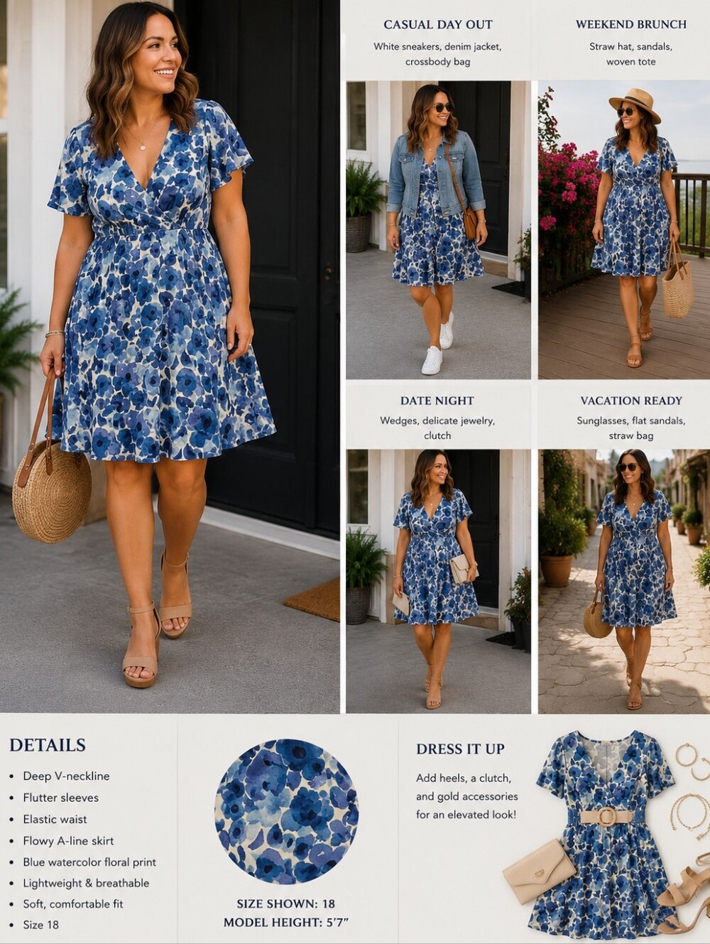SHEIN Blue Floral V-Neck Midi Dress